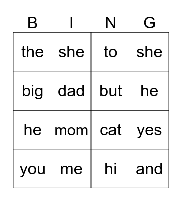 snap words Bingo Card