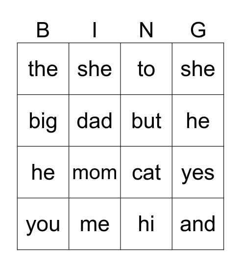 snap words Bingo Card