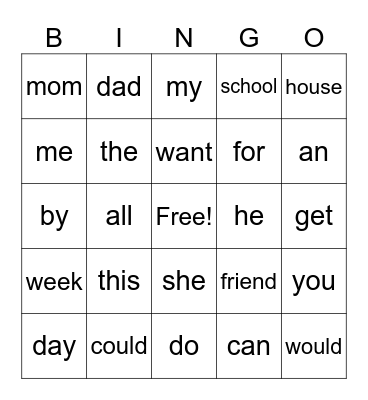 snap words Bingo Card