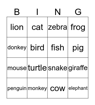 Animals Bingo Card