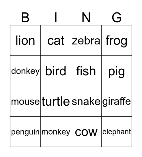 Animals Bingo Card