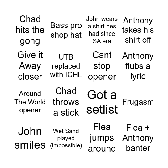 RHCP Concert Bingo Card