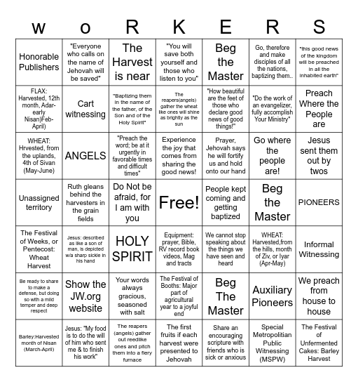 The Harvest Is Great Bingo Card