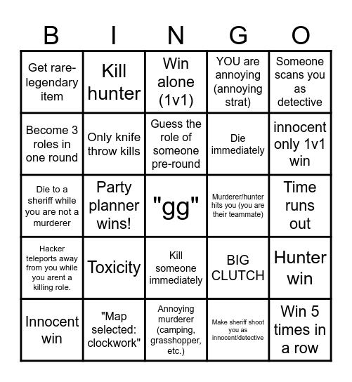 Roblox Murder Party Bingo Card