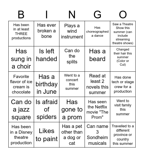 Get to Know You THEATRE Bingo Card