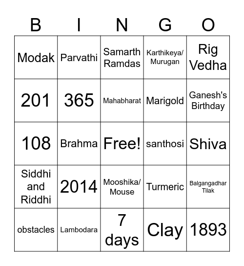 Ganesha Bingo Card