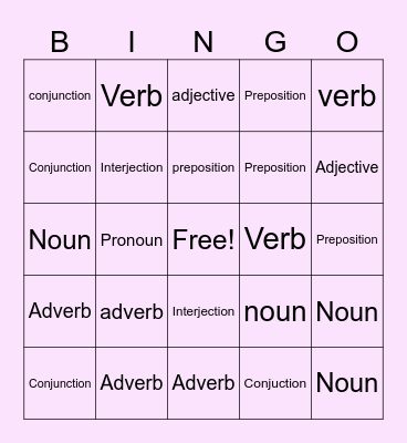 Parts of Speech Bingo Card