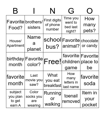 Personality Bingo Card