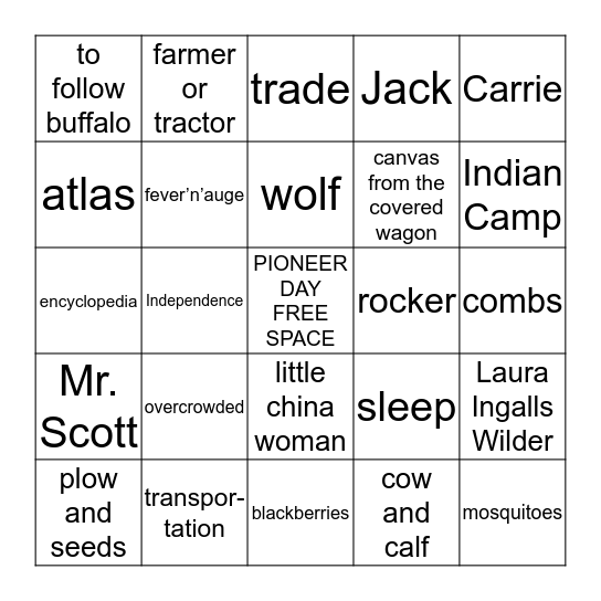 ¨Little House on the Prairie¨ Bingo Card