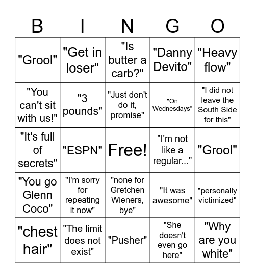 Mean Girls Bingo Card