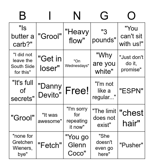 Mean Girls Bingo Card