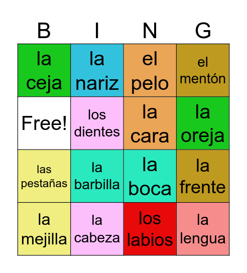 Partes de la cara Bingo Card