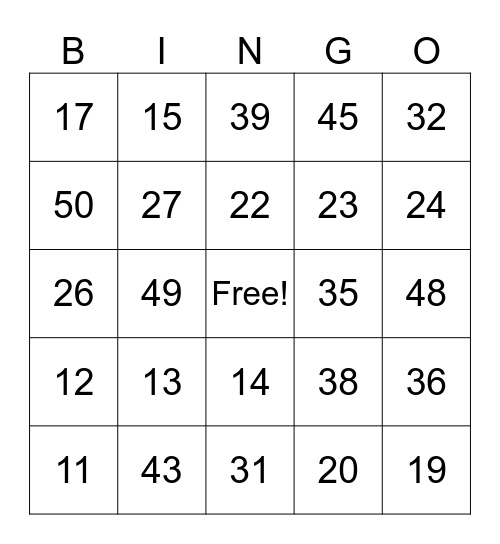 Numbers 11-50 Bingo Card