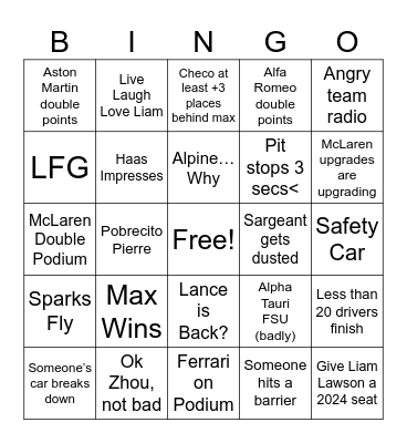 Japanese GP 2023 Bingo Card