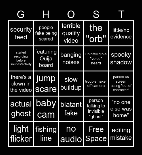 Fake Ghost videos Bingo Card