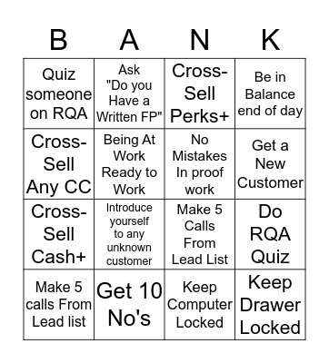 DAILY BANK BINGO Card