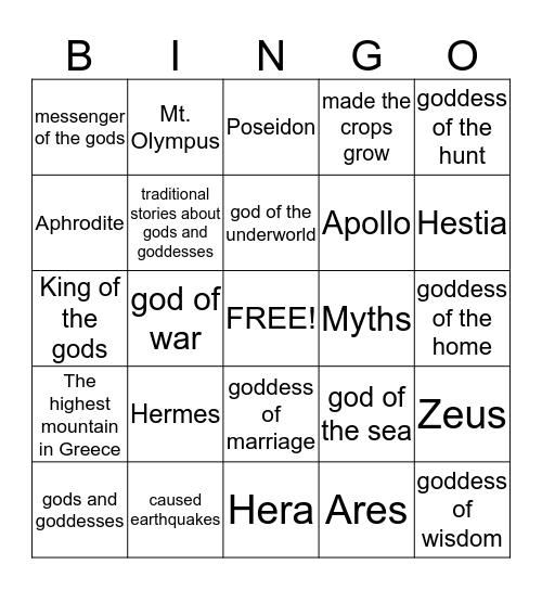 Greek Mythology Bingo Card