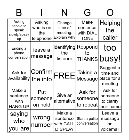 Telephoning Bingo Card