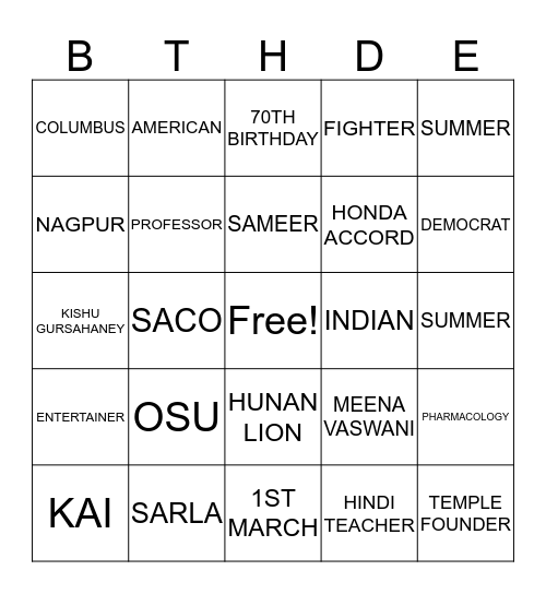 GOPI's 70th  Bingo Card