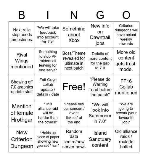 FF14 Live Letter Bingo Card