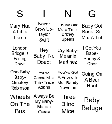 Baby Shower Sing-O Bingo Card