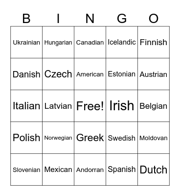 Nationalities Bingo Card