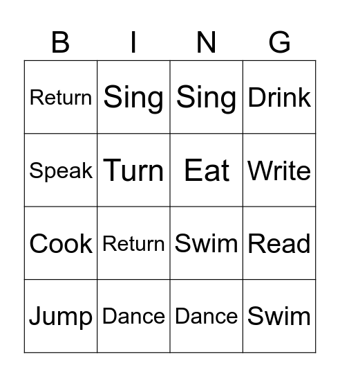 Action Verbs Bingo Card