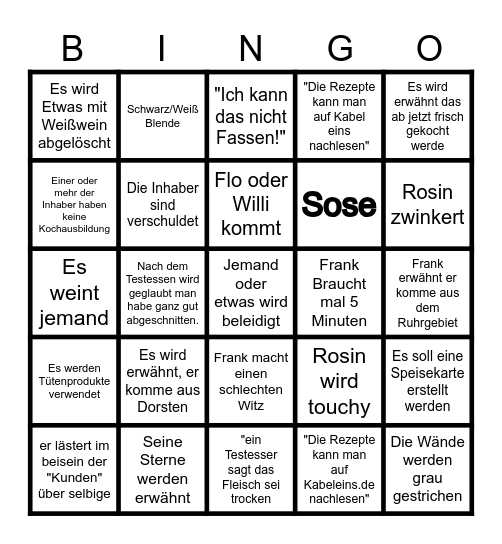 Rosins Restaurant Bingo Card