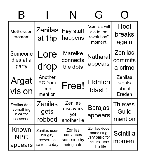 Zenilas bingo Card