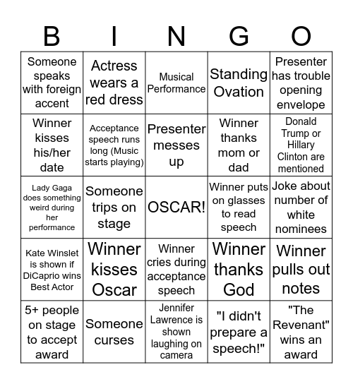 2016 Oscar Bingo Card