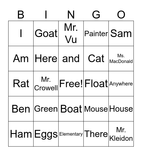 Green Eggs and Ham Bingo Card