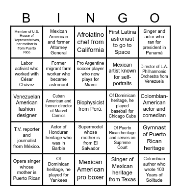 Hispanic and Latino Heritage Month Biographies Bingo Card