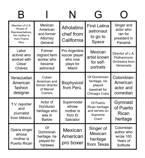 Hispanic and Latino Heritage Month Biographies Bingo Card