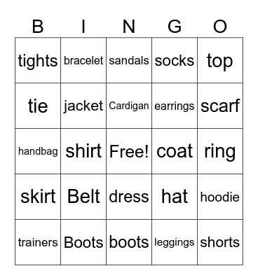 Clothes and accessories Bingo Card