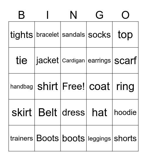 Clothes and accessories Bingo Card