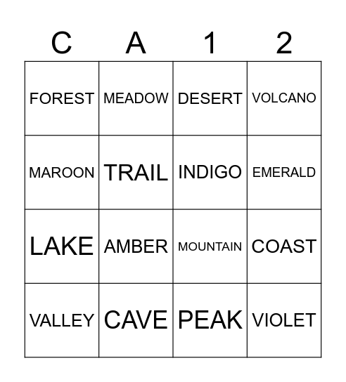 CA 12 Nature Bingo Card