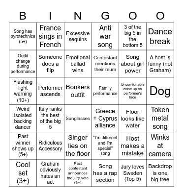 Eurovision bingo Card