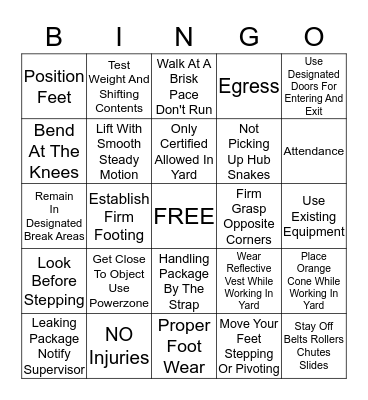 Safety Challenge Bingo Card