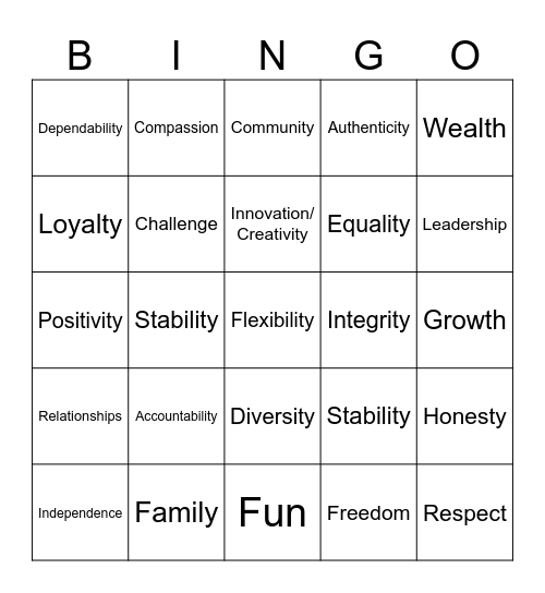 Human Bingo: Core Values Bingo Card