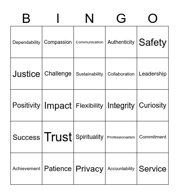 Human Bingo: Core Values Bingo Card