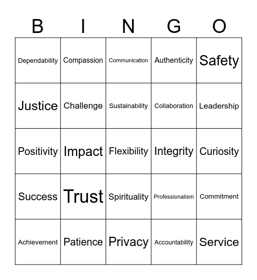 Human Bingo: Core Values Bingo Card