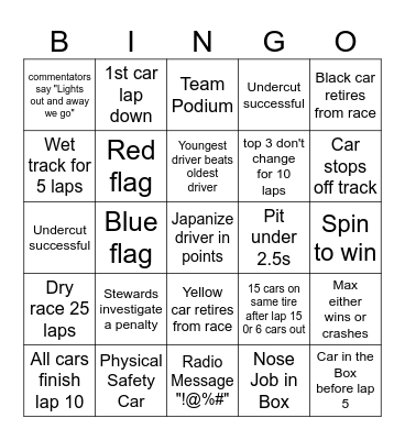 Japan GP 2023 Bingo Card