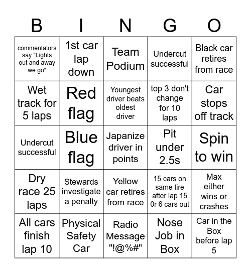 Japan GP 2023 Bingo Card