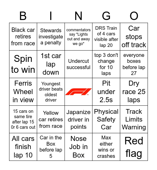 Japan GP 2023 Bingo Card