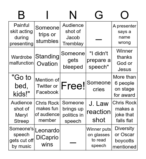 Oscars 2016 Bingo Card