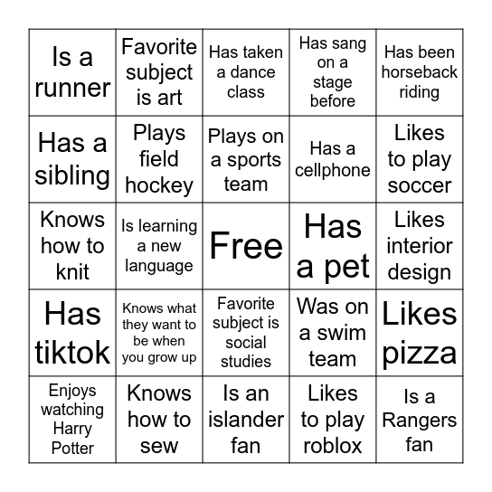 Classmate  Bingo Card