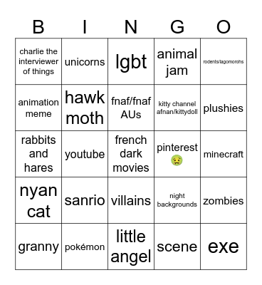 My childhood phases Bingo Card