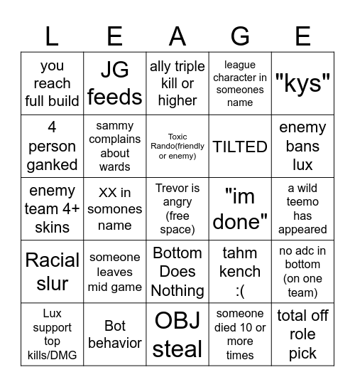 League Bingo Card