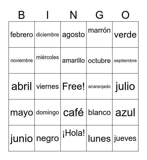 Colores, Días y Meses Bingo Card