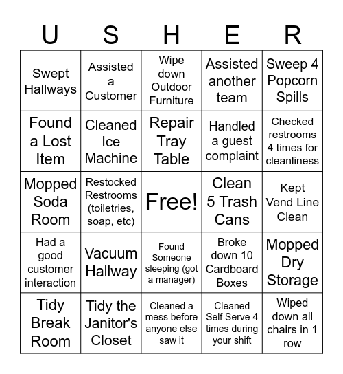 Usher Bingo Card